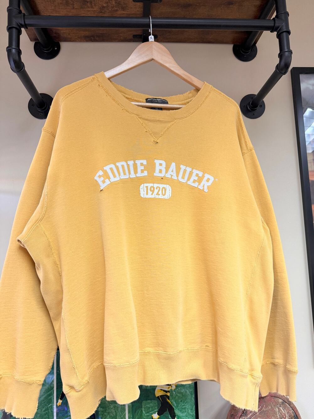 Y2K Eddie Bauer Vintage Thrashed Yellow V-Stitch Crewneck Sweatshirt LL Bean